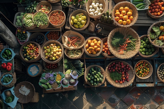 A large assortment of fruits and vegetables are displayed in baskets