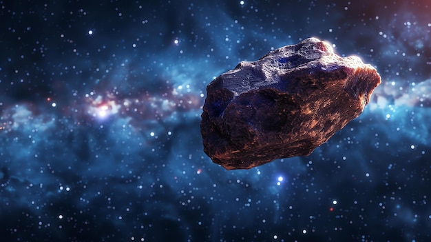 A large asteroid hurtles through space It is a dark rocky object with a rough surface