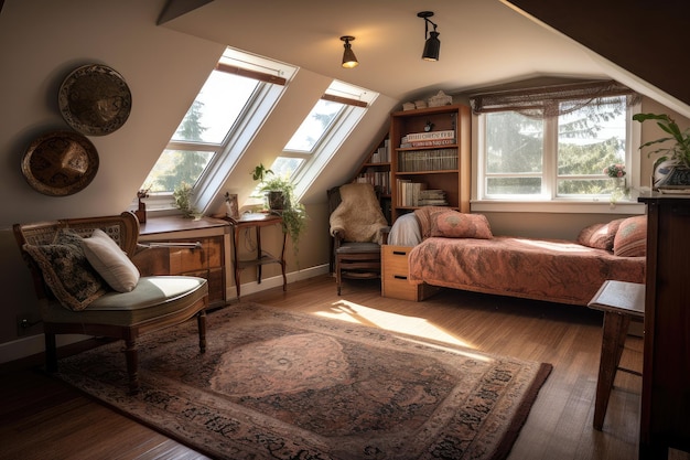 Large attic room with comfortable reading nook cozy furniture and large windows for plenty of light