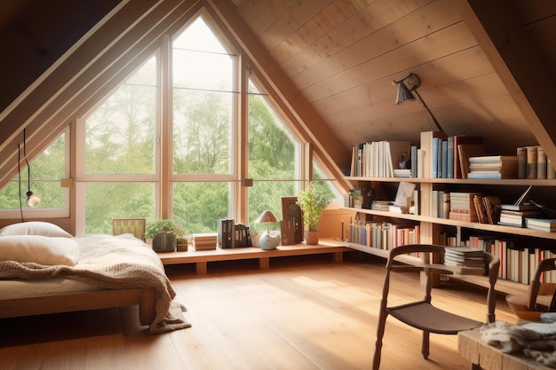 Large attic room with cozy reading nook and floortoceiling windows for natural light