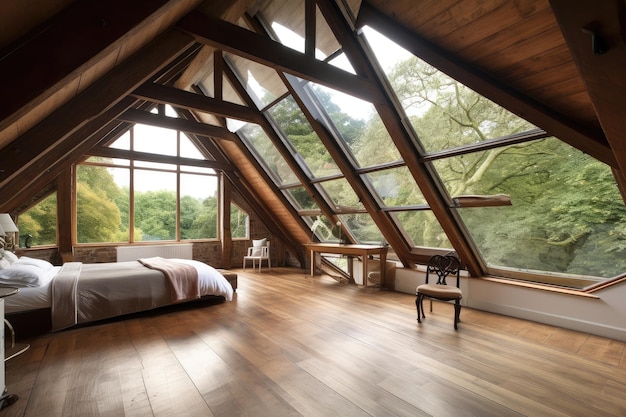 Large attic room with floortoceiling windows providing breathtaking views of the outside world