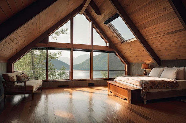 Large attic room with floortoceiling windows showcasing a stunning view of the outdoors