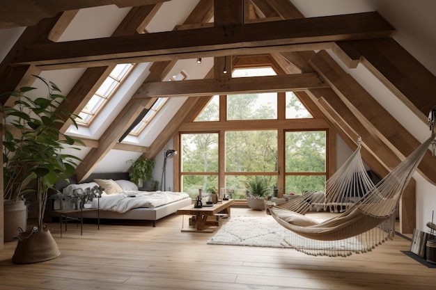 Large attic room with a hammock natural light and view of the outdoors