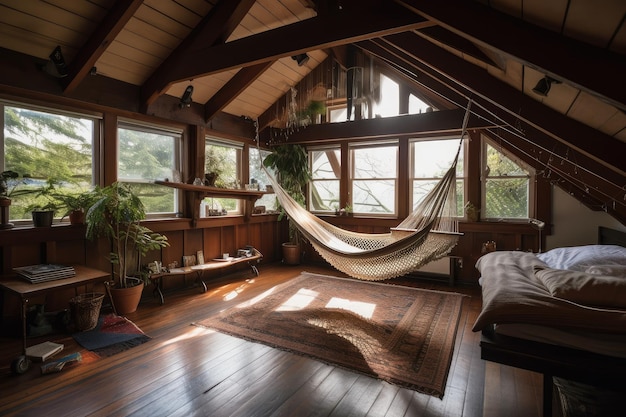 Large attic room with a hammock natural light and view of the outdoors
