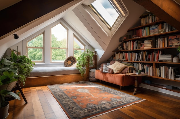 読書コーナーと外の世界の景色を望む広い屋根裏部屋