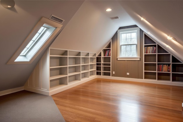 Large attic room with sloping ceiling windows and builtin bookshelves