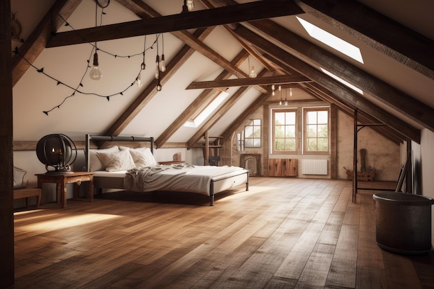 Large attic room with support beams and exposed wiring giving it a rustic feel