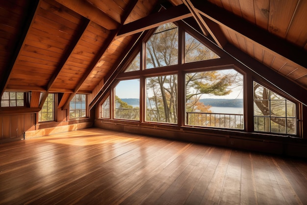 Large attic room with view of forest lake or coastline surrounded by windows