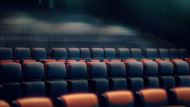 A large auditorium with rows of empty seats in front of a wall that says'the best movie '