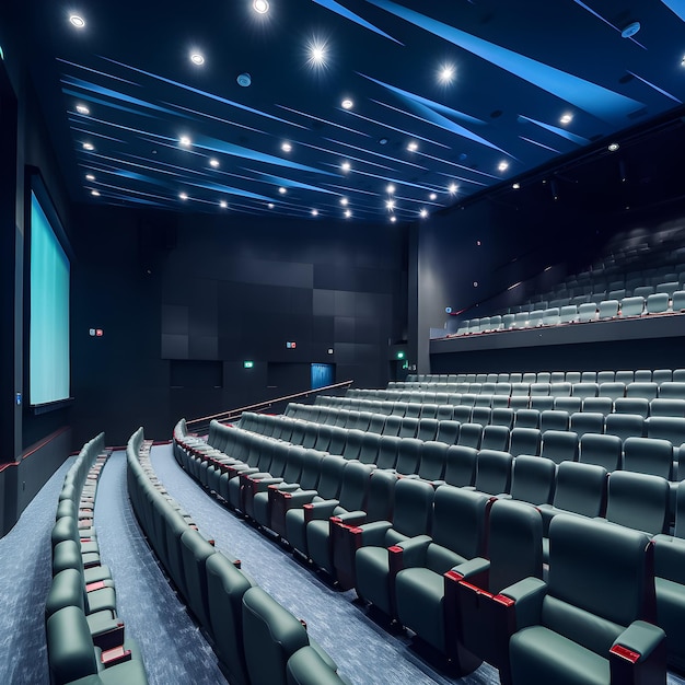 A large auditorium with rows of green chairs and a screen that says'i'm a cinema '