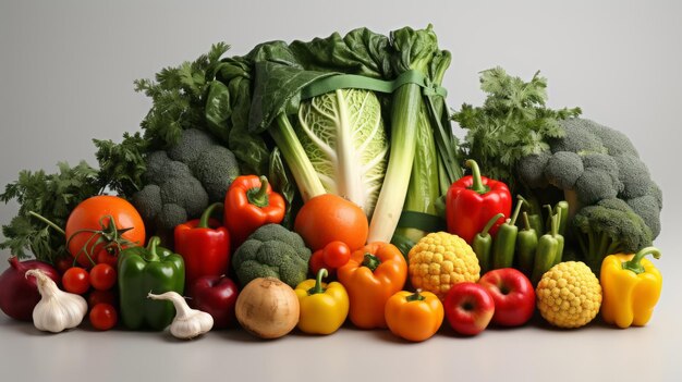 Large bag of vegetables with different fruits and vegetables on white background Generative AI