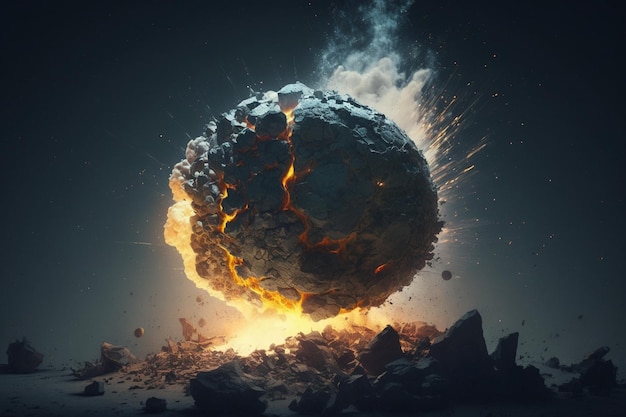 A large ball of fire and a burning rock