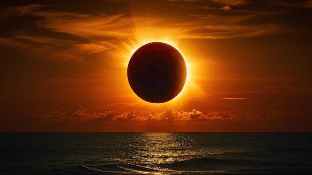 A large ball floating in the ocean with a bright sun behind it ai