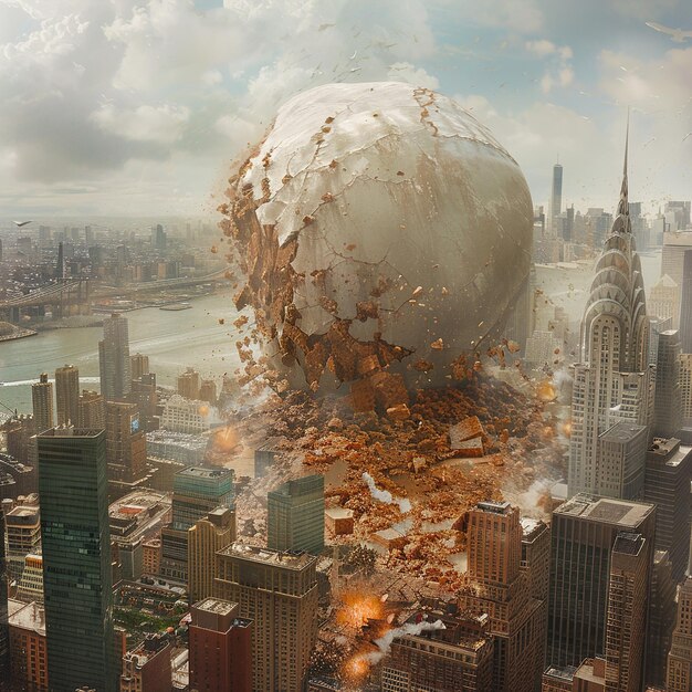 a large ball in the middle of a city with a city in the background