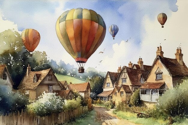 Large balloons fly over a rural town Handdrawn watercolor Generative AI illustration