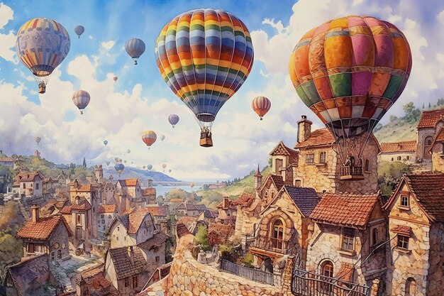 Large balloons fly over a rural town Watercolor Generative AI illustration