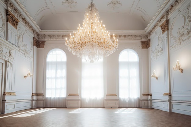 A large ballroom with a chandelier in the center