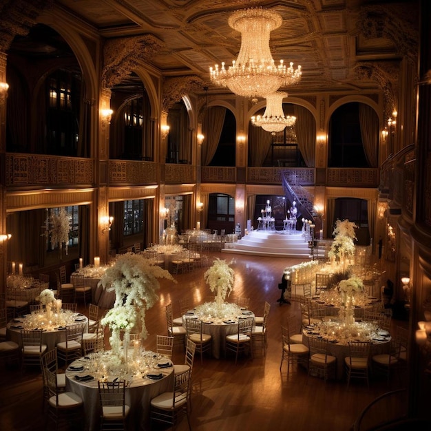 a large ballroom with a chandelier and a chandelier with flowers on it.