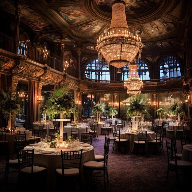 a large ballroom with a chandelier that says " welcome to you ".