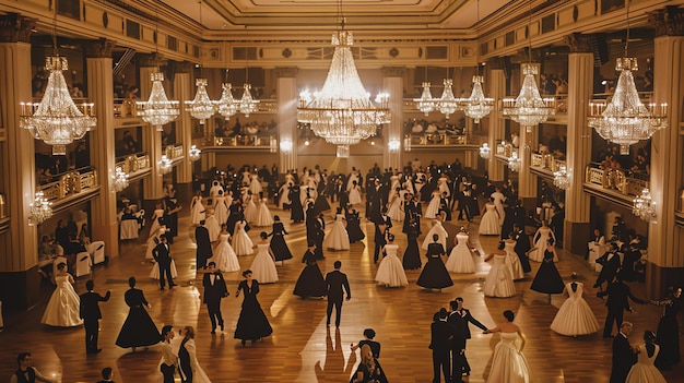 Foto una grande sala da ballo con un interno dorato molte persone ballano in coppia indossando abiti da sera e abiti