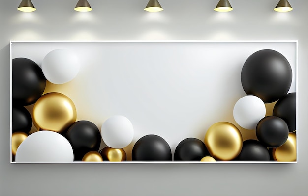 A large banner with black and gold balloons on it