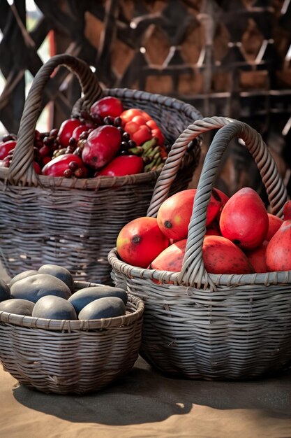 Foto grandi cesti di frutta tropicale in un mercato in stile argento scuro e crimson