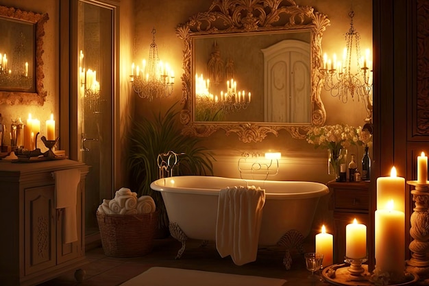 壁と浴槽のジェネレーティブaiに鏡が付いたキャンドルライトによる広いバスルームのインテリア