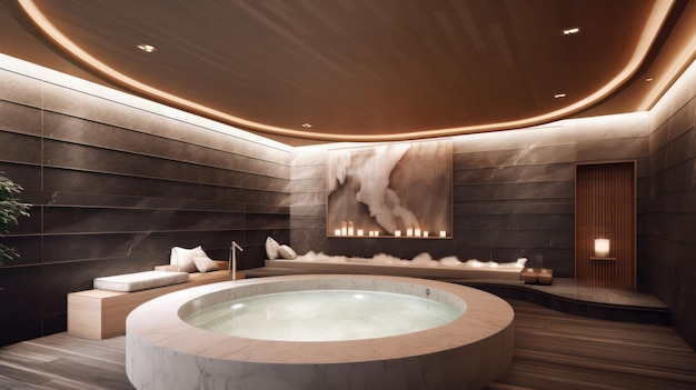 A large bathtub in a room with a large wall of candles behind it.