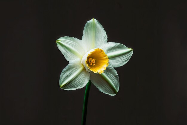 Large beaful lonely daffodil flower isolated on dark green background