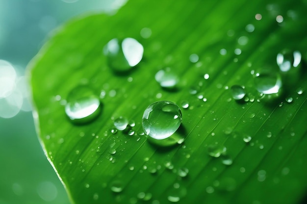 Large beautiful drops of transparent rain water on a green leaf macro Droplets of water sparkle