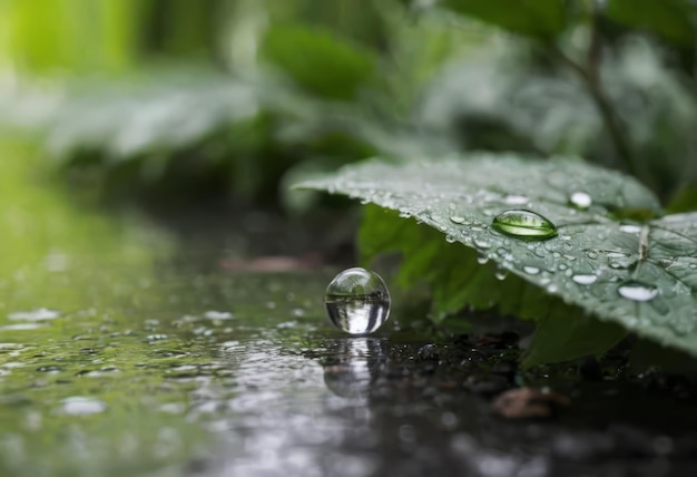 緑の葉の上の透明な雨水の大きな美しい滴 緑色の葉の上にある緑色の雨水の美しい滴 朝の露の滴は太陽に輝いています 自然の葉の美しい質感 自然の背景