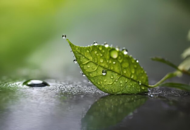 Photo large beautiful drops of transparent rain water on a green leaf macro drops of dew in the morning glow in the sun beautiful leaf texture in nature natural background