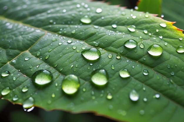 Large beautiful drops of transparent rain water on a green leaf macro Drops of dew in the morning glow in the sun Beautiful leaf texture in nature Natural background