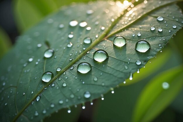 緑の葉の上の透明な雨水の大きな美しい滴 緑色の葉の上にある緑色の雨水の美しい滴 朝の露の滴は太陽に輝いています 自然の葉の美しい質感 自然の背景