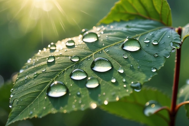 Large beautiful drops of transparent rain water on a green leaf macro Drops of dew in the morning glow in the sun Beautiful leaf texture in nature Natural background