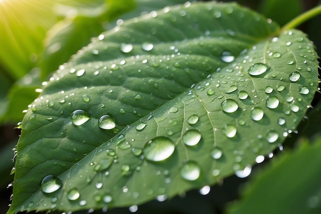 緑の葉の上の透明な雨水の大きな美しい滴 緑色の葉の上にある緑色の雨水の美しい滴 朝の露の滴は太陽に輝いています 自然の葉の美しい質感 自然の背景