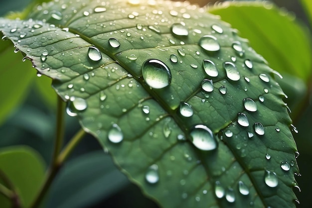 Large beautiful drops of transparent rain water on a green leaf macro Drops of dew in the morning glow in the sun Beautiful leaf texture in nature Natural background