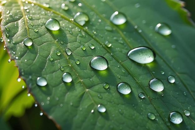 緑の葉の上の透明な雨水の大きな美しい滴 緑色の葉の上にある緑色の雨水の美しい滴 朝の露の滴は太陽に輝いています 自然の葉の美しい質感 自然の背景