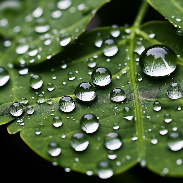 Large beautiful drops of transparent rain water on a green leaf macro