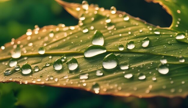 Large beautiful drops of transparent rain water on a green leaf macro