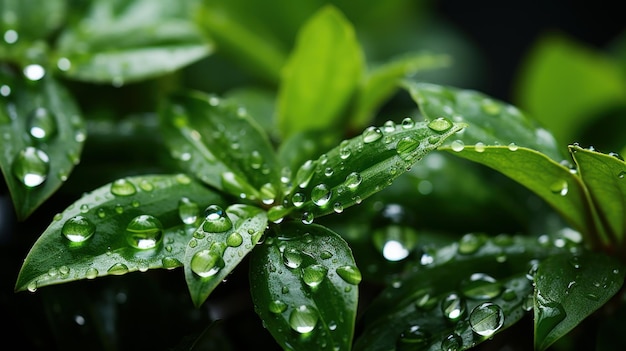 Large beautiful drops of transparent rain water on a green leaf macro