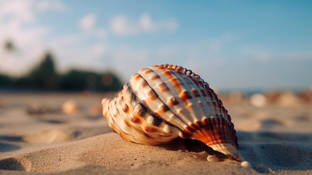 A large beautiful exotic seashell lies on the sand on an exotic beach Generative AI