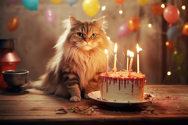 A large beautiful fluffy cat sits at the festive table and looks at the cake with burning candles Pet birthday