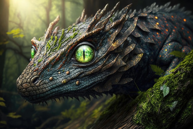 Большие красивые рептилии в виде лесного дракона со светящимися глазами, созданные с помощью генеративного ИИ