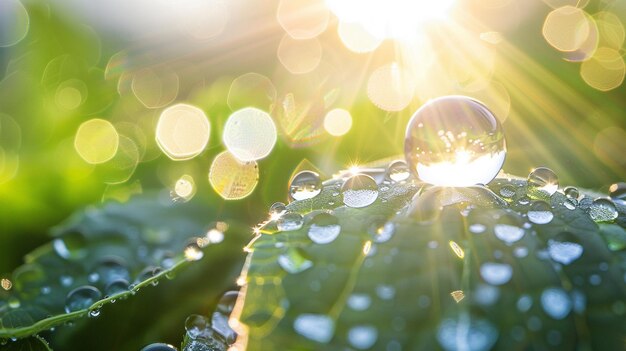 写真 大きな美しい水滴が葉の上で太陽に輝いています