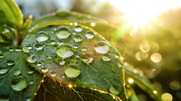 大きな美しい水滴が葉の上で太陽に輝いています