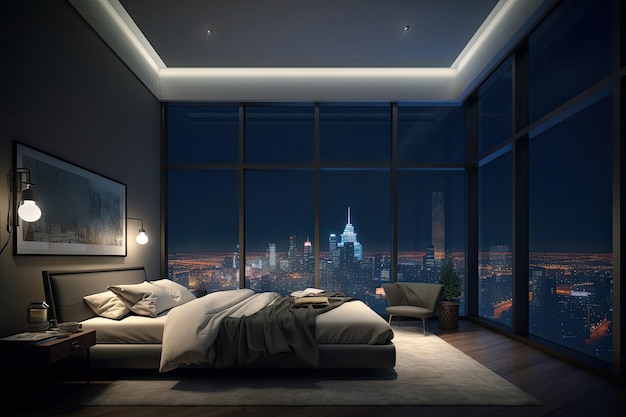 Large bed in living room with night city view in window Generative AI