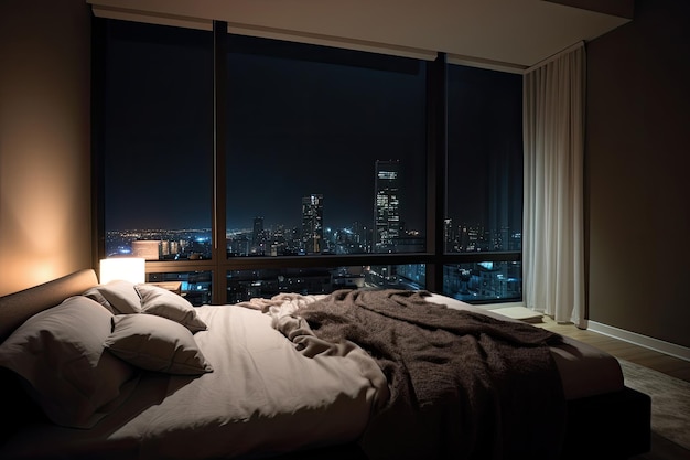 Large bed in living room with night city view in window Generative AI