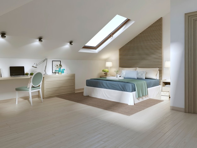 Large bedroom on the attic floor in a modern style. Large work Desk in the bedroom with books and a laptop. 3D render.