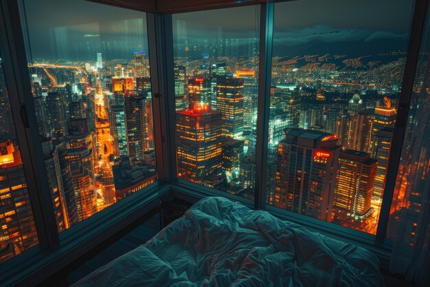 A large bedroom with a view of the city the room is decorated with a black bed a white bedspread and